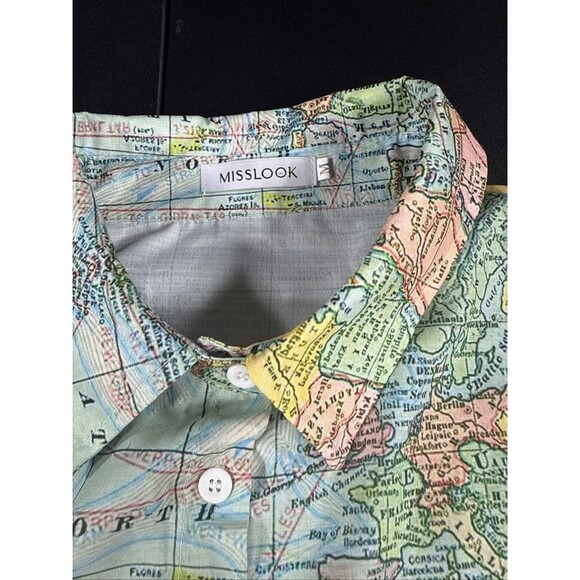 Miss Look Linen Button Down World Map Long Sleeve Blouse Women's Size Medium - Picture 4 of 11